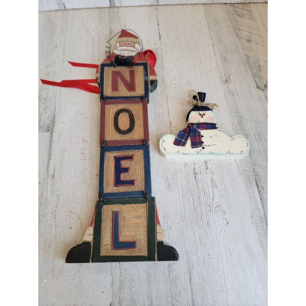 Vintage wooden Noel Santa snowman‎ hanging sign Xmas home decor